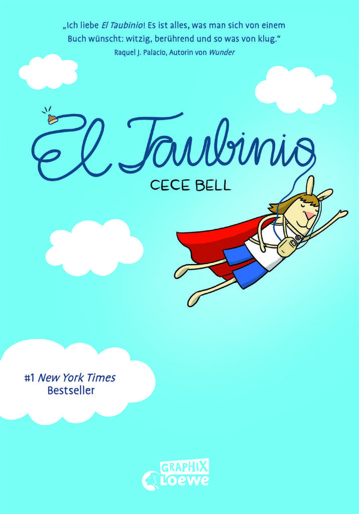 Buchcover des Buches "El Taubinio"; es zeigt das schwerhörige Mädchen Cece wie sie ein Cape anhat und durch die Wolken fliegt