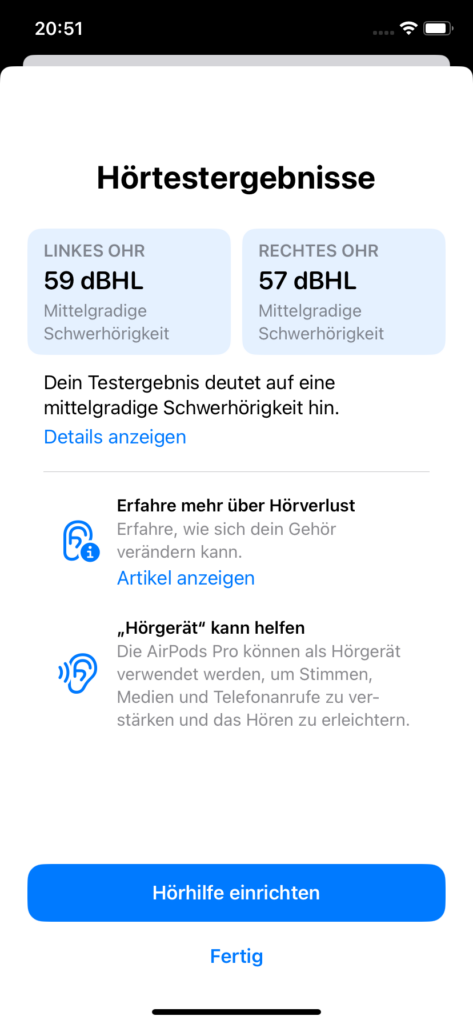 Bildschirmfoto nach dem Hörtest: Er zeigt an "Linkes Ohr 59 dBHL Mittelgradige Schwerhörigkeit" und "Rechtes Ohr 57 dbHL Mittelgradige Schwerhörigkeit".