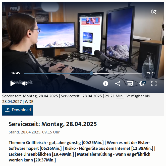 Ein Bildschirmfoto der Mediathek mit der Sendung Serviczeit des WDR