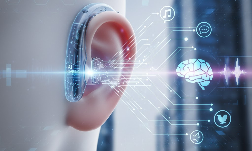 Ein futuristisches Hörgerät aus dem wie in einem holografischen Overlay Leiterbahnen kommen die zu einem Hologram eines Gehirns führen.